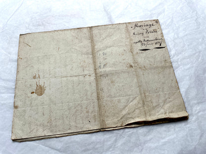 Mid 19th Century French Notarial Act from 1845, a handwritten marriage contract with elegant script and royal stamp.