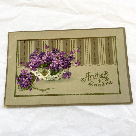 1900s - Antique French Greeting Card - Elegant Violet Bouquet Floral Art Print - Sincere Friendships Motto - Edwardian Ephemera Collectible