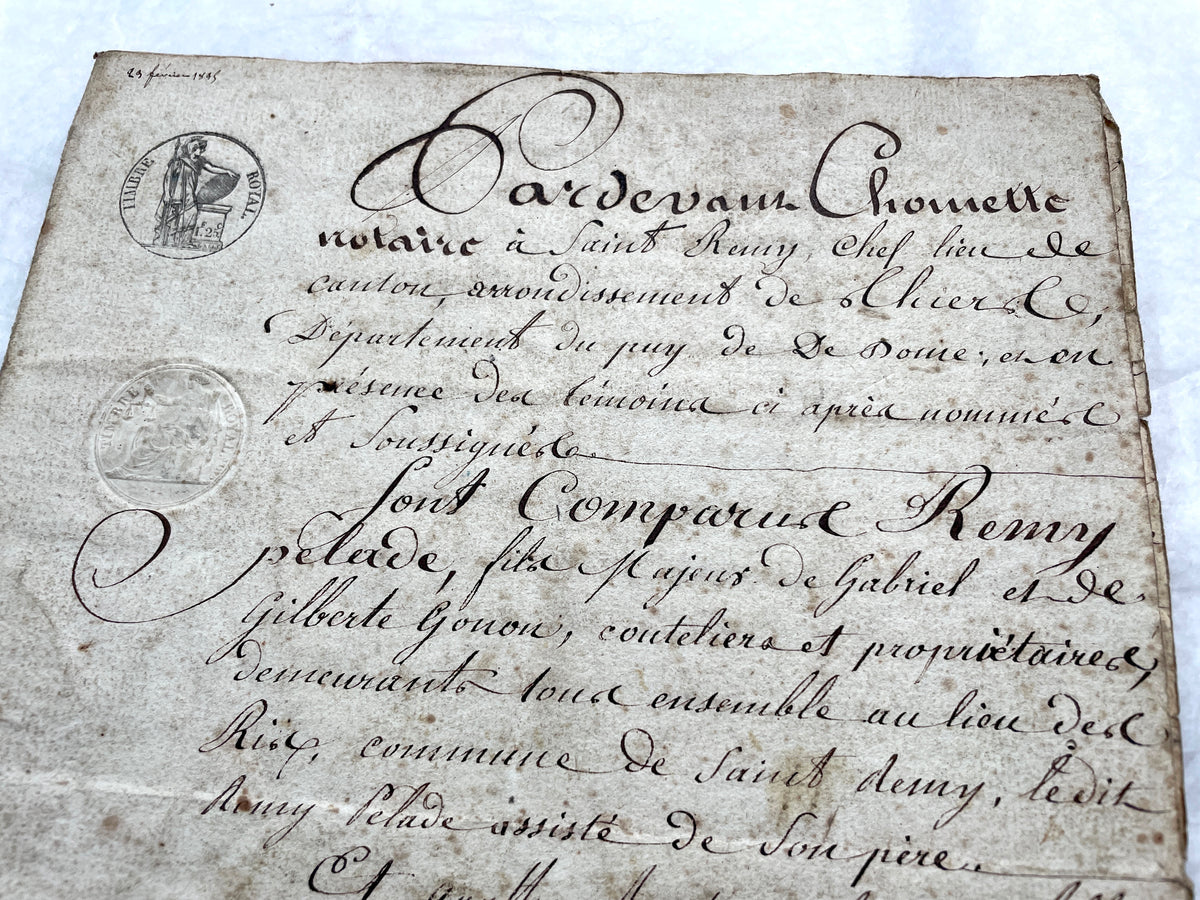 Mid 19th Century French Notarial Act from 1845, a handwritten marriage contract with elegant script and royal stamp.