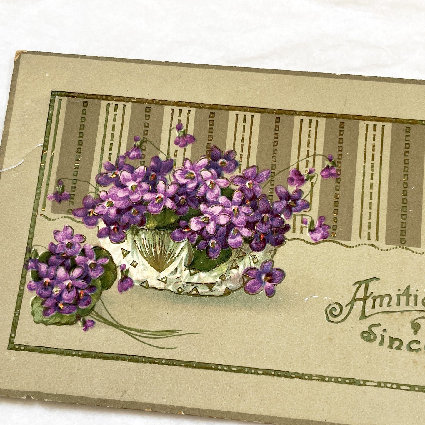 1900s - Antique French Greeting Card - Elegant Violet Bouquet Floral Art Print - Sincere Friendships Motto - Edwardian Ephemera Collectible
