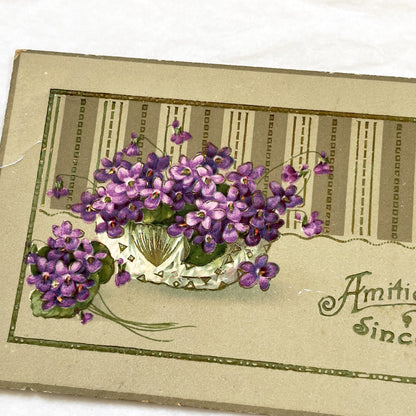 1900s - Antique French Greeting Card - Elegant Violet Bouquet Floral Art Print - Sincere Friendships Motto - Edwardian Ephemera Collectible