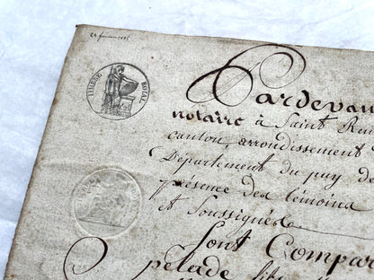 Mid 19th Century French Notarial Act from 1845, a handwritten marriage contract with elegant script and royal stamp.