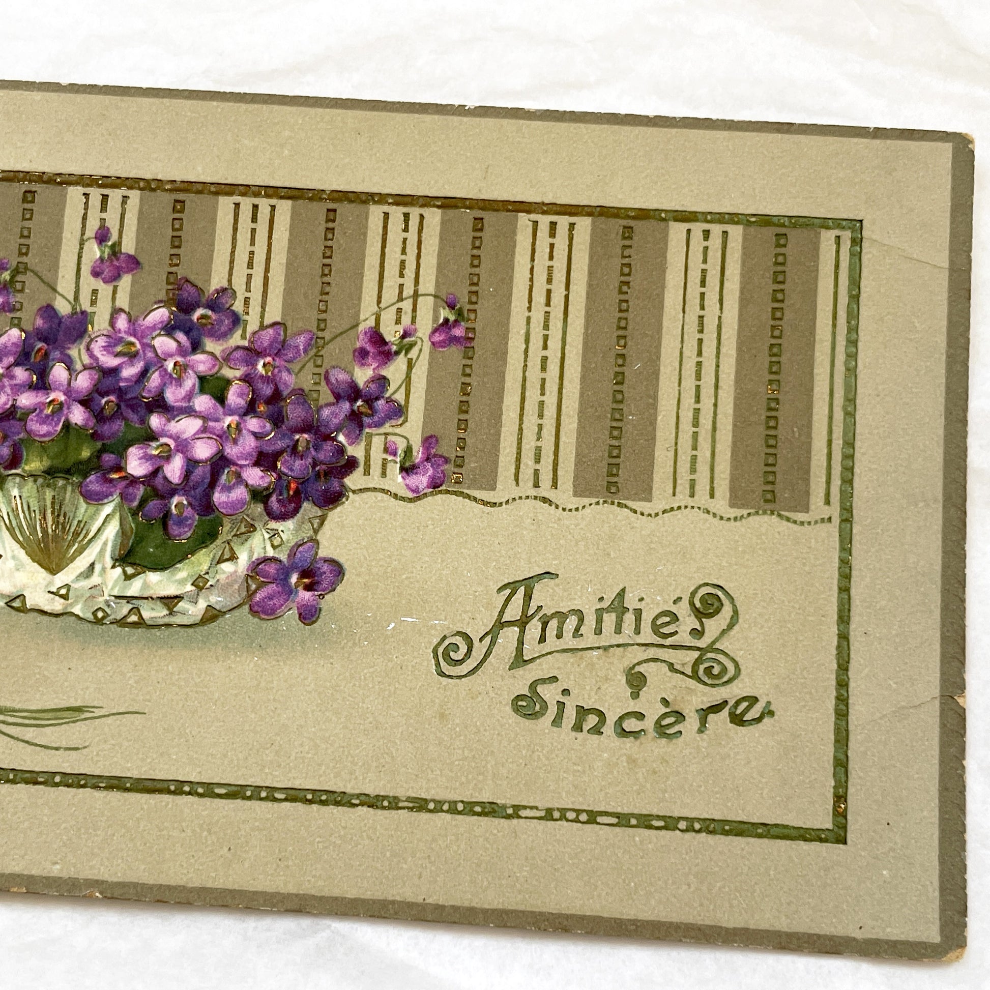 1900s - Antique French Greeting Card - Elegant Violet Bouquet Floral Art Print - Sincere Friendships Motto - Edwardian Ephemera Collectible