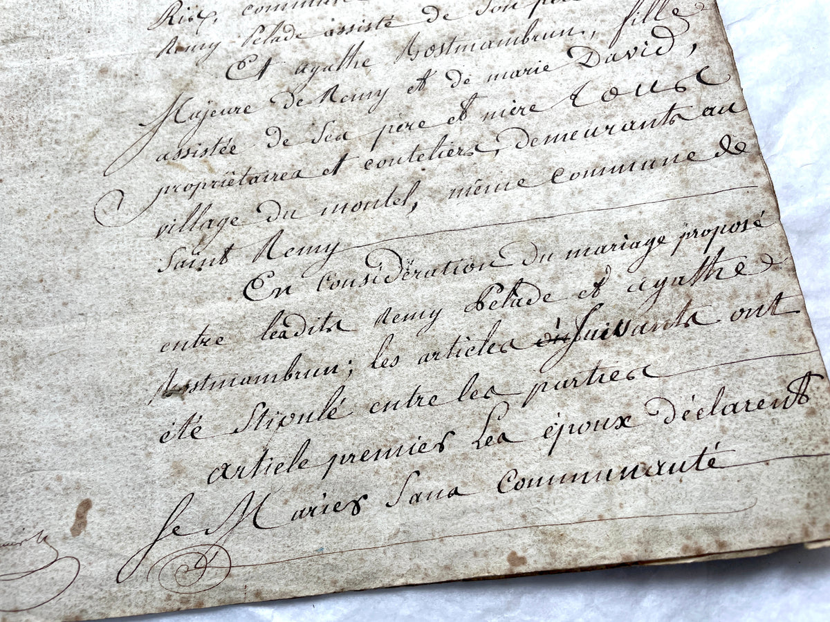 Mid 19th Century French Notarial Act from 1845, a handwritten marriage contract with elegant script and royal stamp.