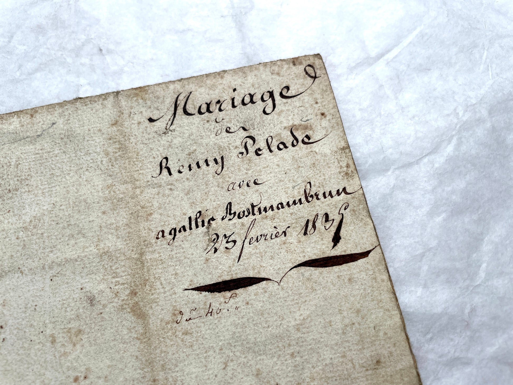 Mid 19th Century French Notarial Act from 1845, a handwritten marriage contract with elegant script and royal stamp.