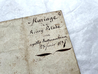 Mid 19th Century French Notarial Act from 1845, a handwritten marriage contract with elegant script and royal stamp.