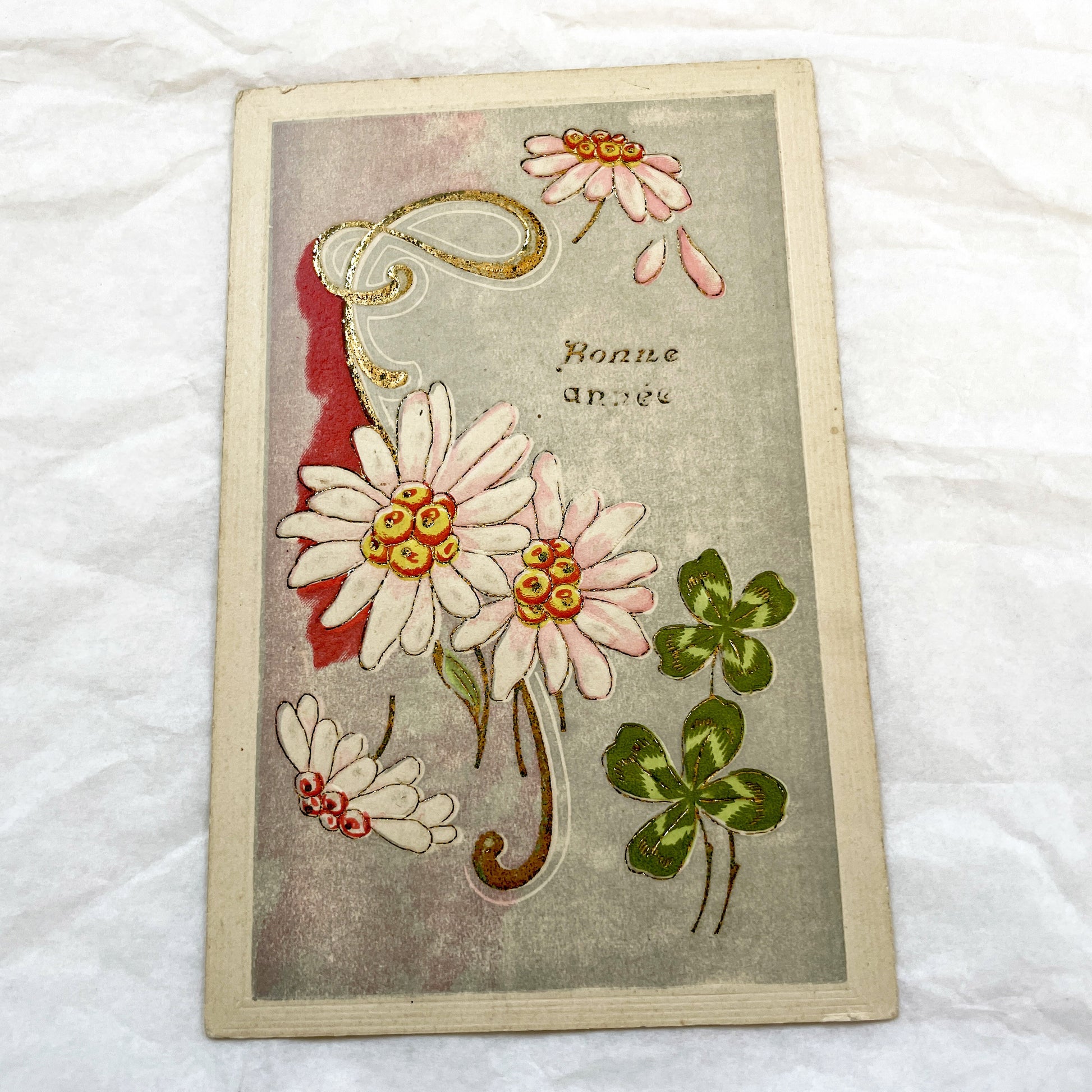 1900s - Antique French New Year Postcard - Gilded Art Nouveau Floral Design - Vintage 'Bonne Année' Happy New Year Card
