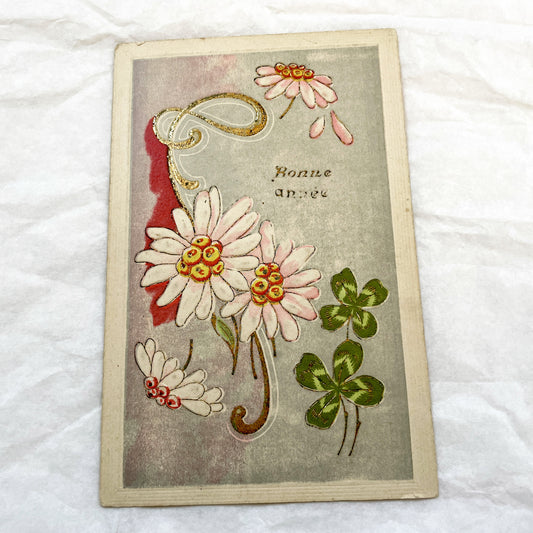 1900s - Antique French New Year Postcard - Gilded Art Nouveau Floral Design - Vintage 'Bonne Année' Happy New Year Card