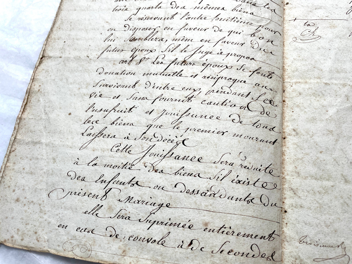 Mid 19th Century French Notarial Act from 1845, a handwritten marriage contract with elegant script and royal stamp.