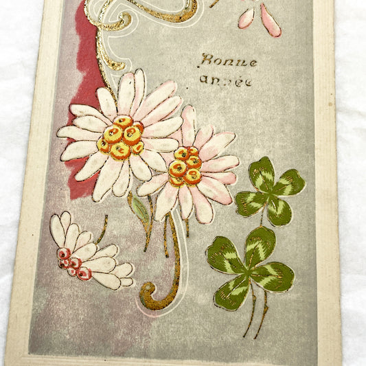1900s - Antique French New Year Postcard - Gilded Art Nouveau Floral Design - Vintage 'Bonne Année' Happy New Year Card