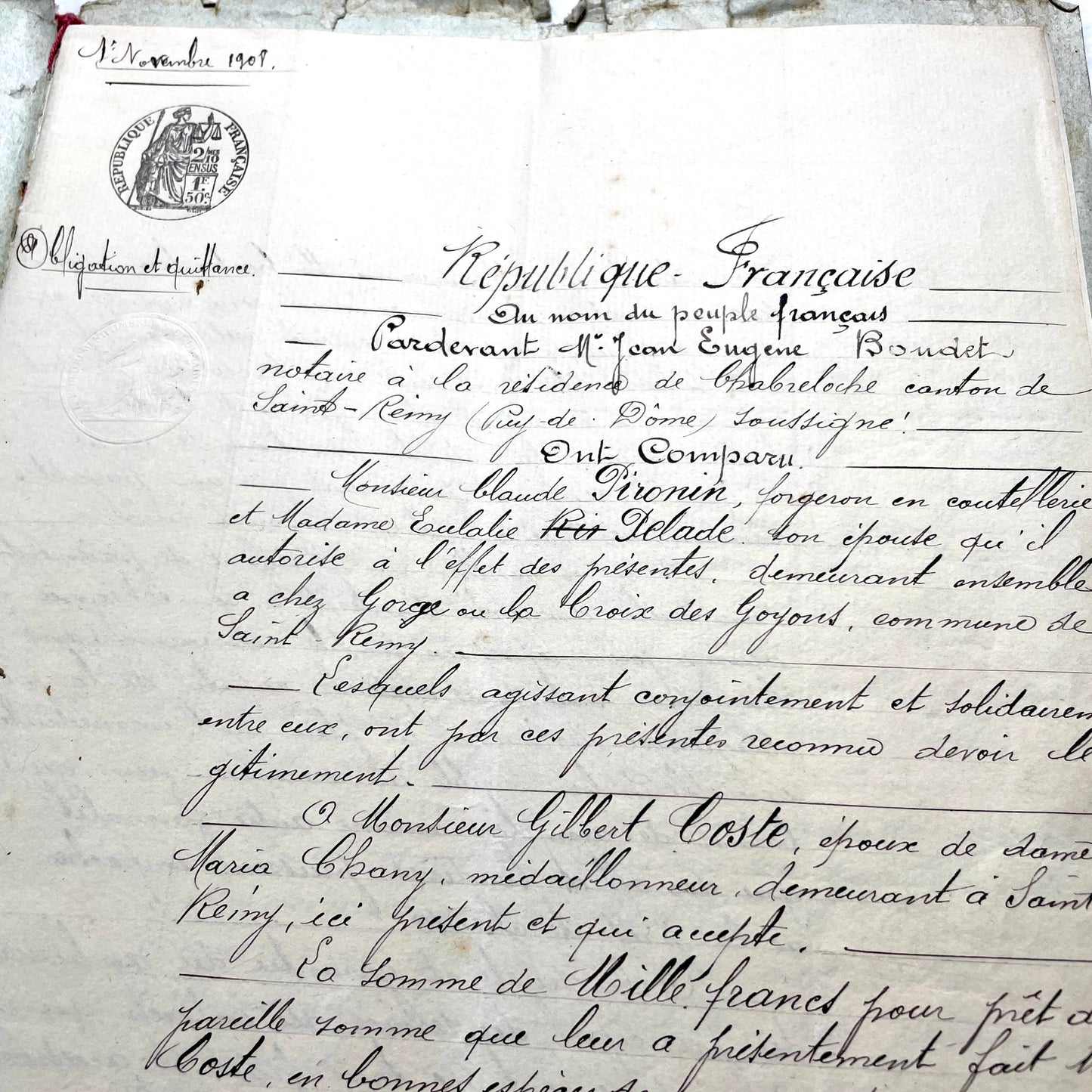 1900s French Notarial Act - Historical handwritten legal document with 'République Française' seal.