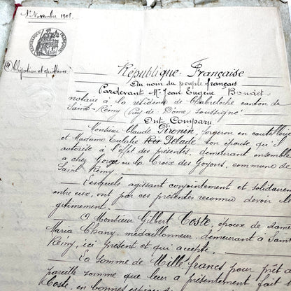 1900s French Notarial Act - Historical handwritten legal document with 'République Française' seal.