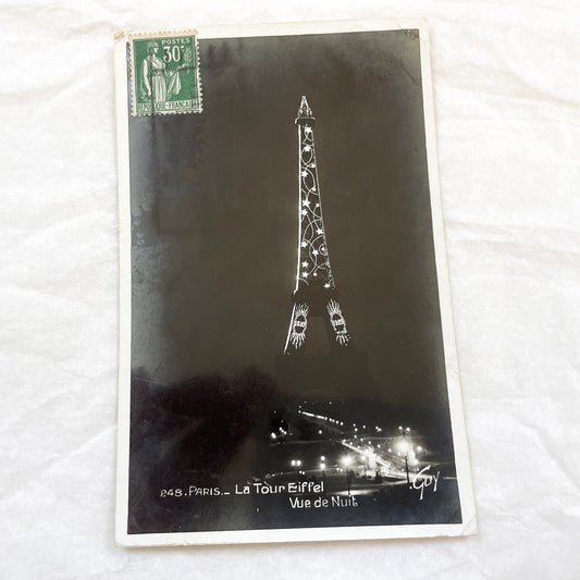 1920s - Vintage Paris Eiffel Tower Postcard - Illuminated Landmark Night View - French Architecture History Souvenir - Collectible