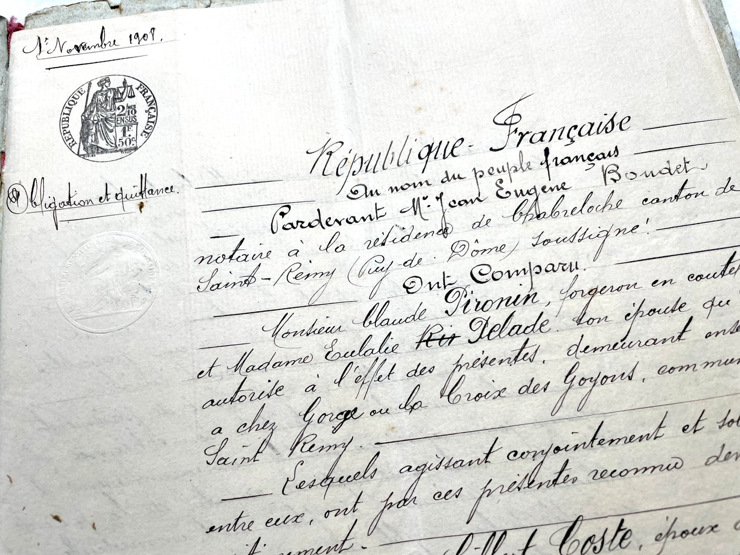 1900s French Notarial Act - Historical handwritten legal document with 'République Française' seal.
