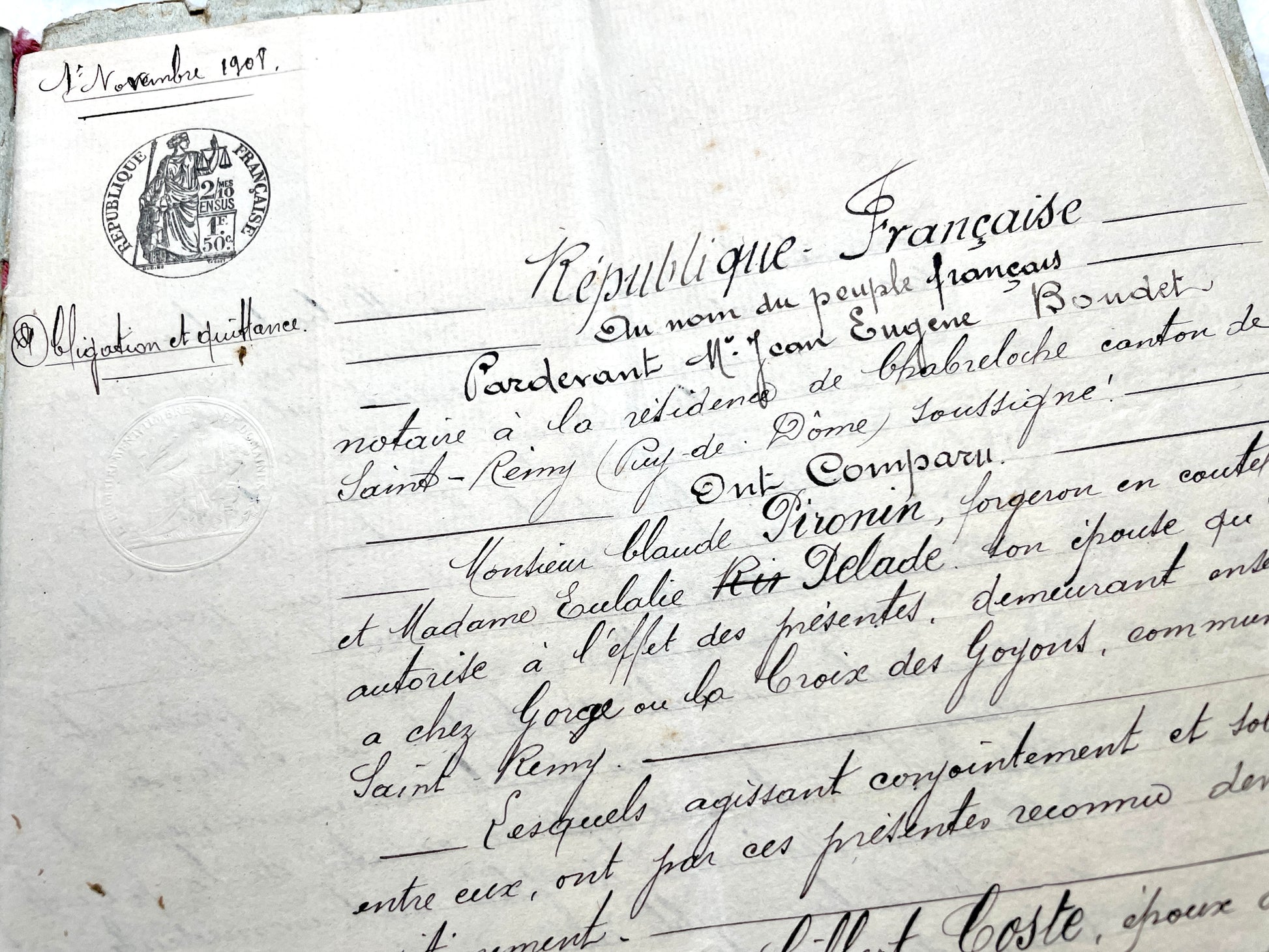 1900s French Notarial Act - Historical handwritten legal document with 'République Française' seal.