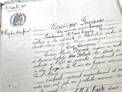 1900s French Notarial Act - Historical handwritten legal document with 'République Française' seal.
