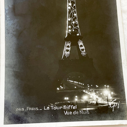 1920s - Vintage Paris Eiffel Tower Postcard - Illuminated Landmark Night View - French Architecture History Souvenir - Collectible