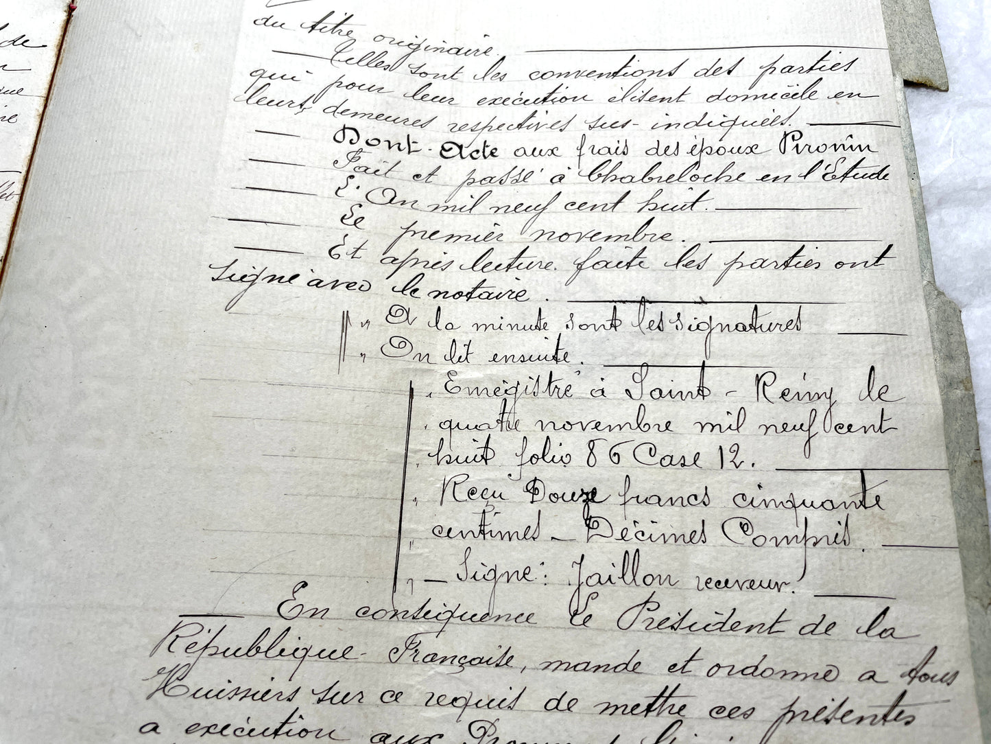 1900s French Notarial Act - Historical handwritten legal document with 'République Française' seal.