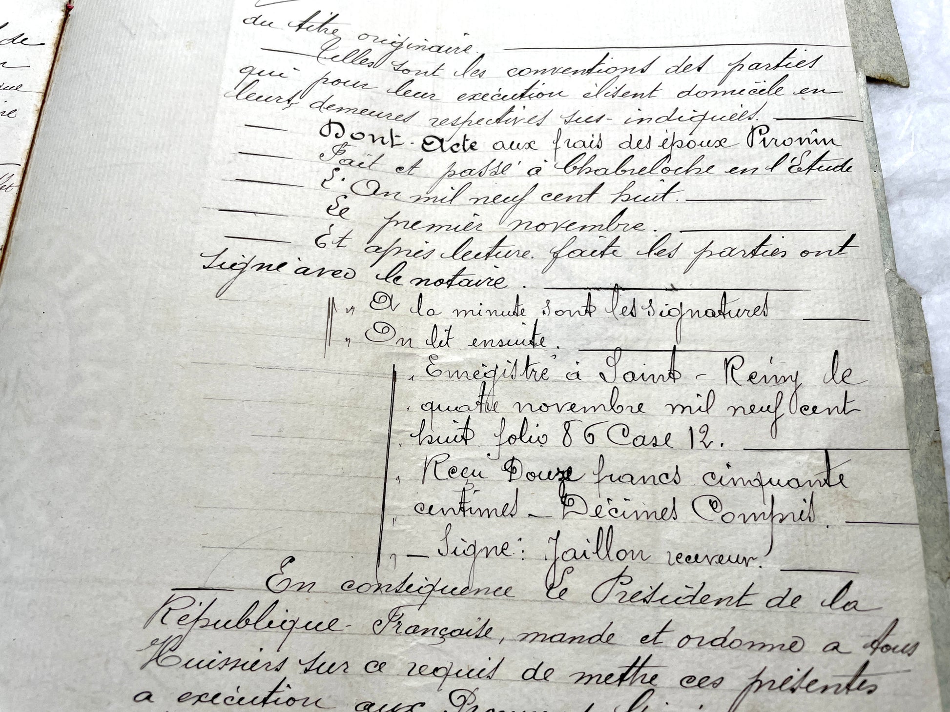 1900s French Notarial Act - Historical handwritten legal document with 'République Française' seal.
