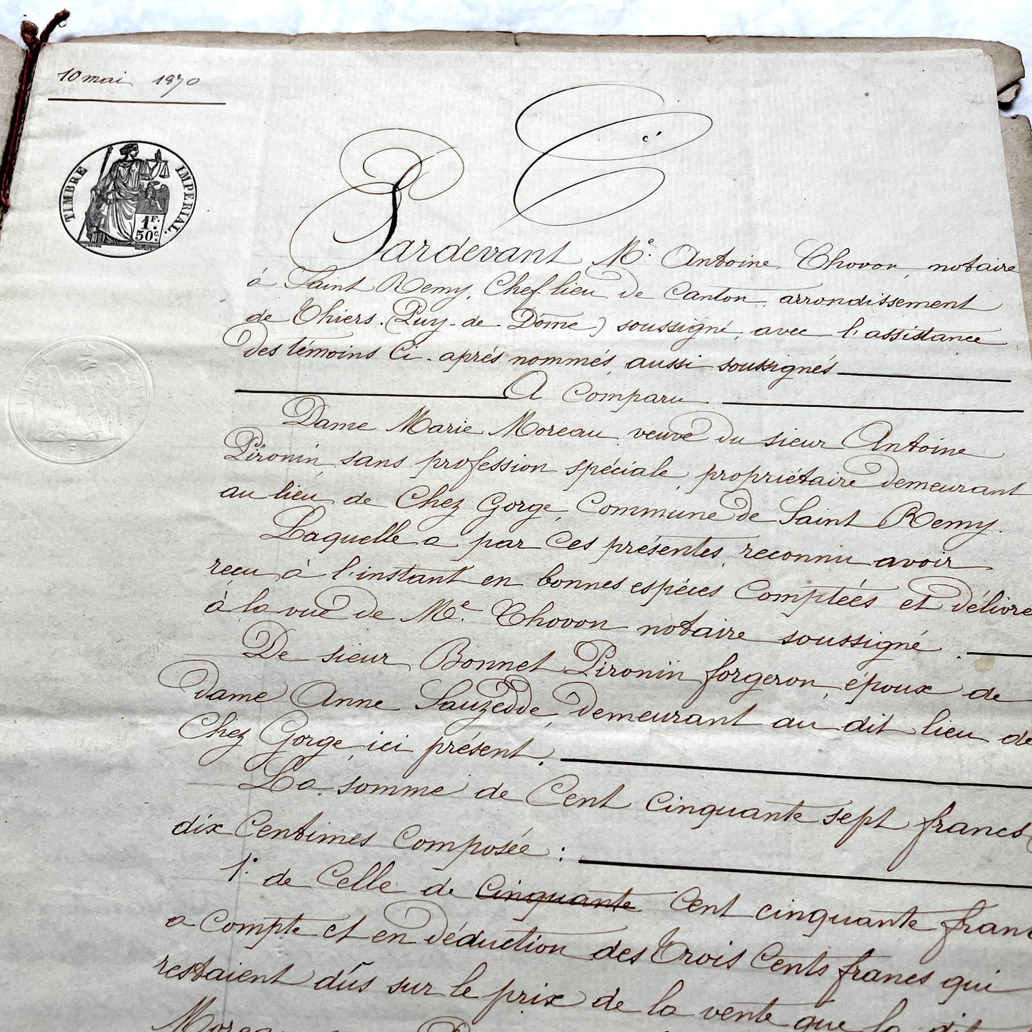 1870s French Notarial Act document with ornate handwritten script, Imperial stamp, and embossed seal.