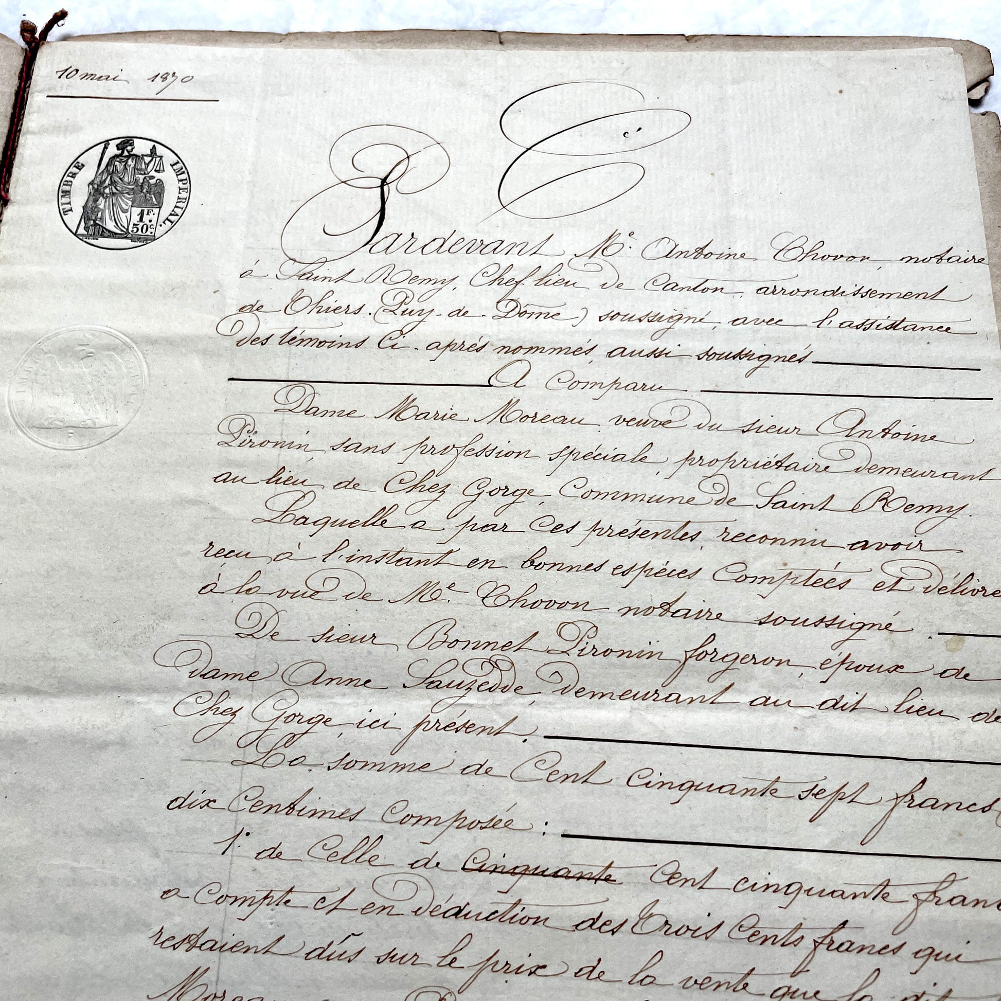 1870s French Notarial Act document with ornate handwritten script, Imperial stamp, and embossed seal.