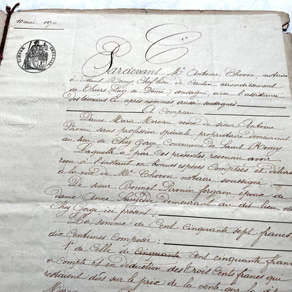 1870s French Notarial Act document with ornate handwritten script, Imperial stamp, and embossed seal.