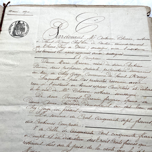 1870s French Notarial Act document with ornate handwritten script, Imperial stamp, and embossed seal.