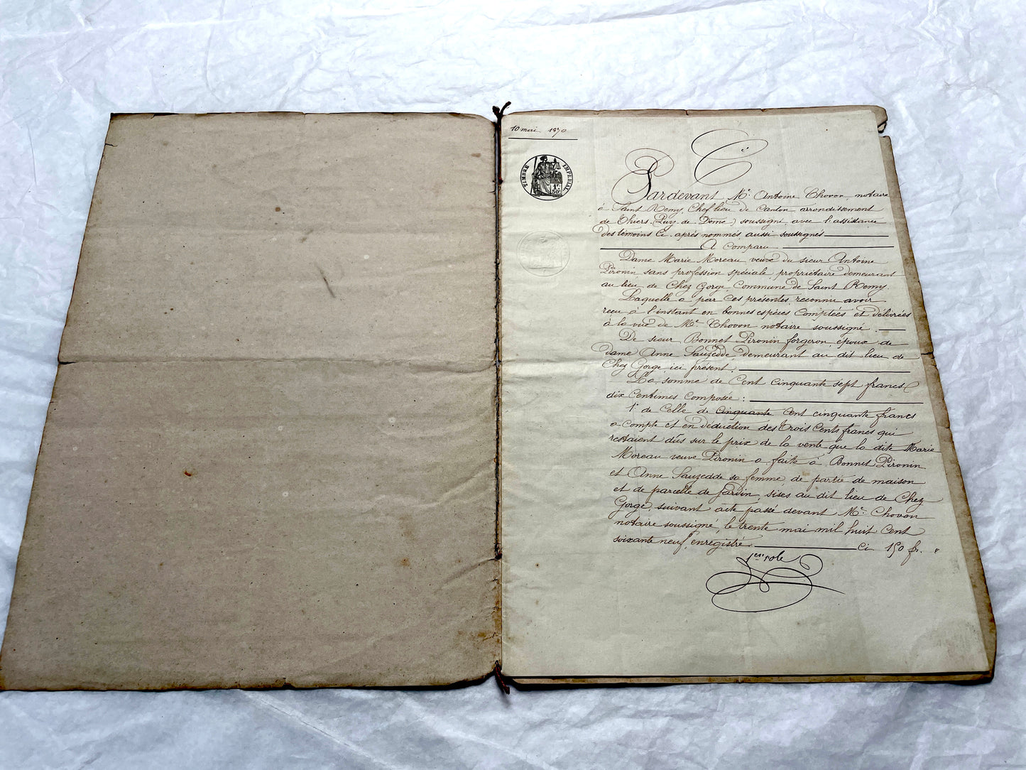 1870s French Notarial Act document with ornate handwritten script, Imperial stamp, and embossed seal.