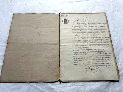 1870s French Notarial Act document with ornate handwritten script, Imperial stamp, and embossed seal.