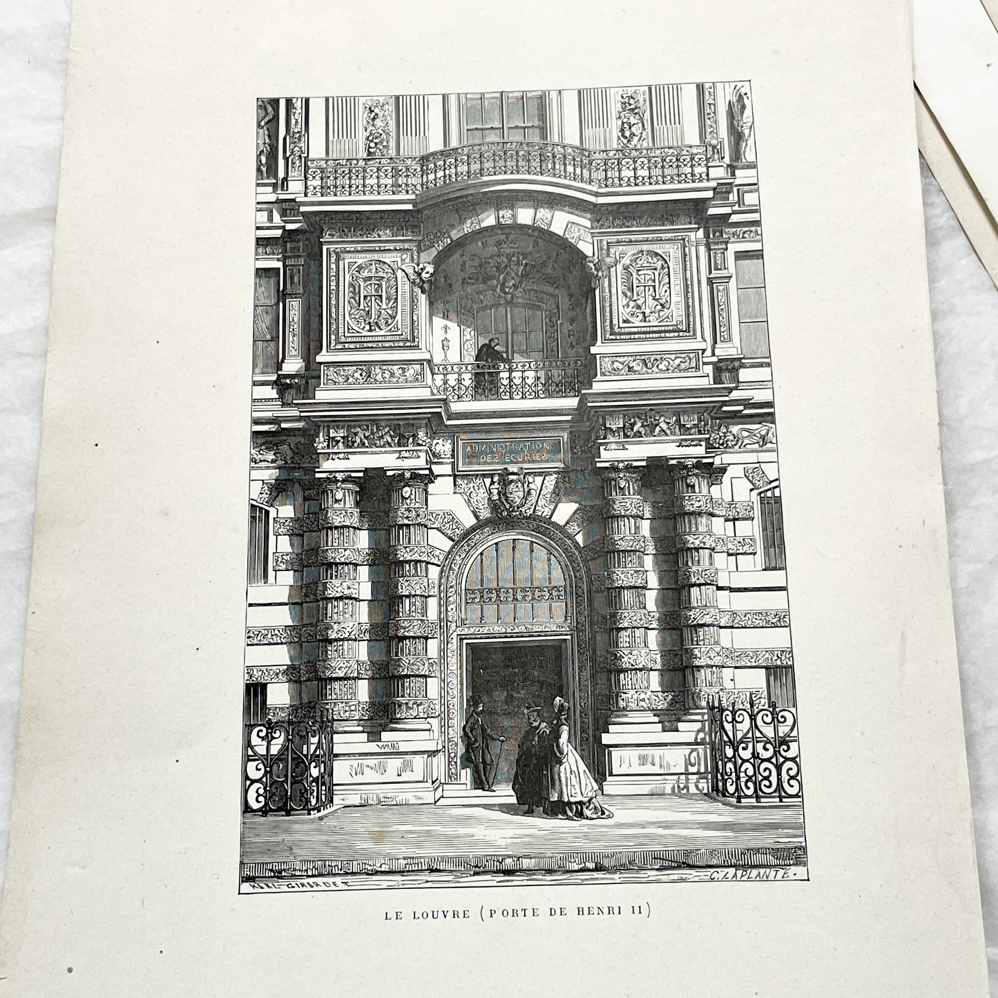 Late 19th - Detailed Engraving of Louvre Palace Henry II Gate Paris - Historic French Architecture Art Print - Girardet - Laplante