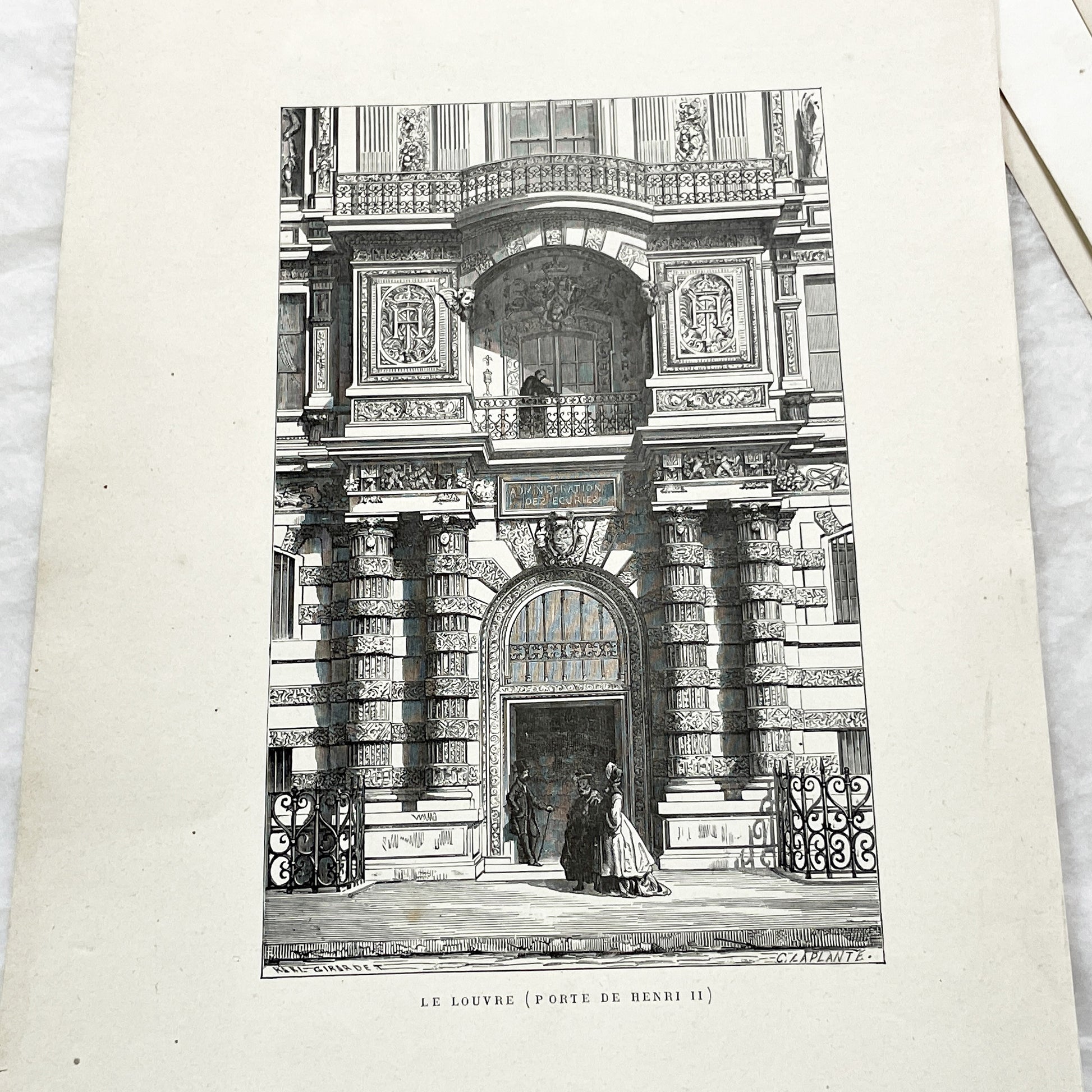 Late 19th - Detailed Engraving of Louvre Palace Henry II Gate Paris - Historic French Architecture Art Print - Girardet - Laplante