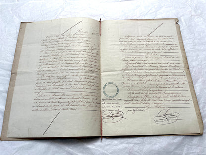 1870s French Notarial Act document with ornate handwritten script, Imperial stamp, and embossed seal.