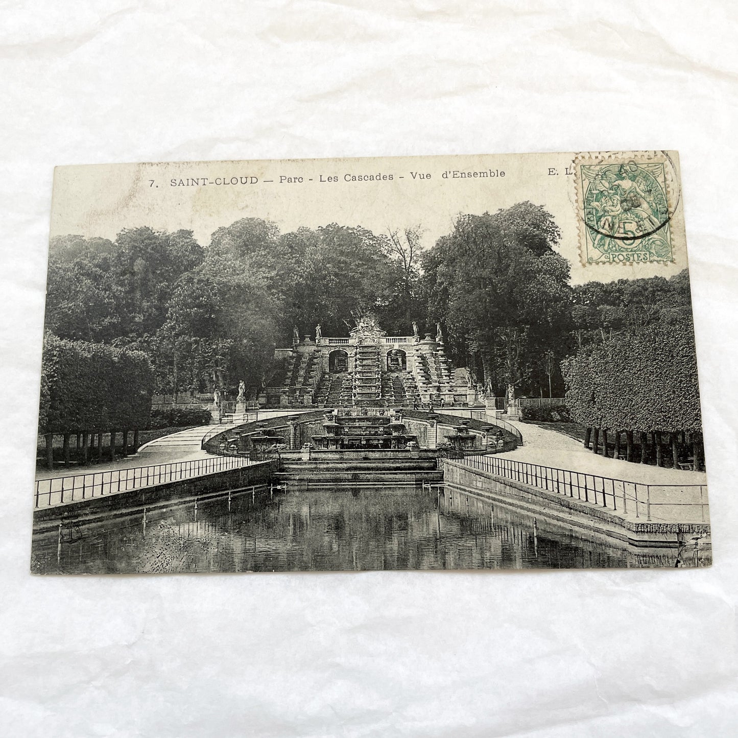 1900s - Vintage Saint-Cloud Parc Les Cascades Postcard - Historic French Fountain Landscape View - Original Black & White Paris Area