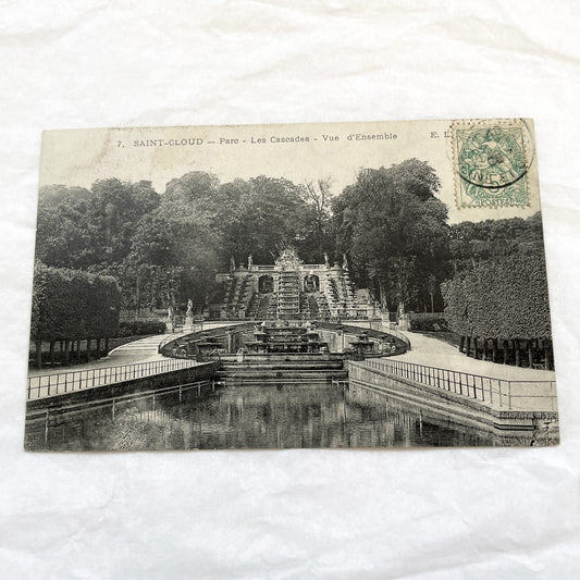 1900s - Vintage Saint-Cloud Parc Les Cascades Postcard - Historic French Fountain Landscape View - Original Black & White Paris Area