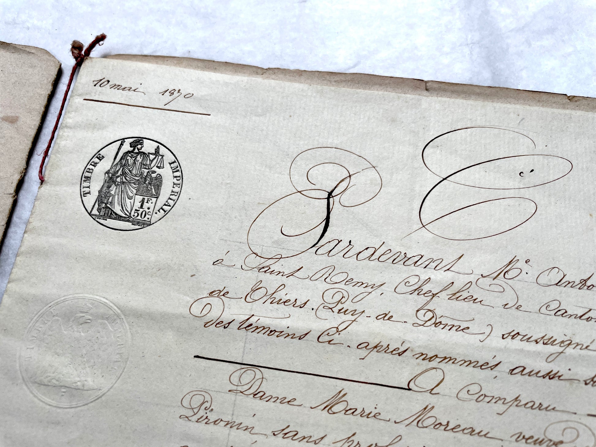 1870s French Notarial Act document with ornate handwritten script, Imperial stamp, and embossed seal.