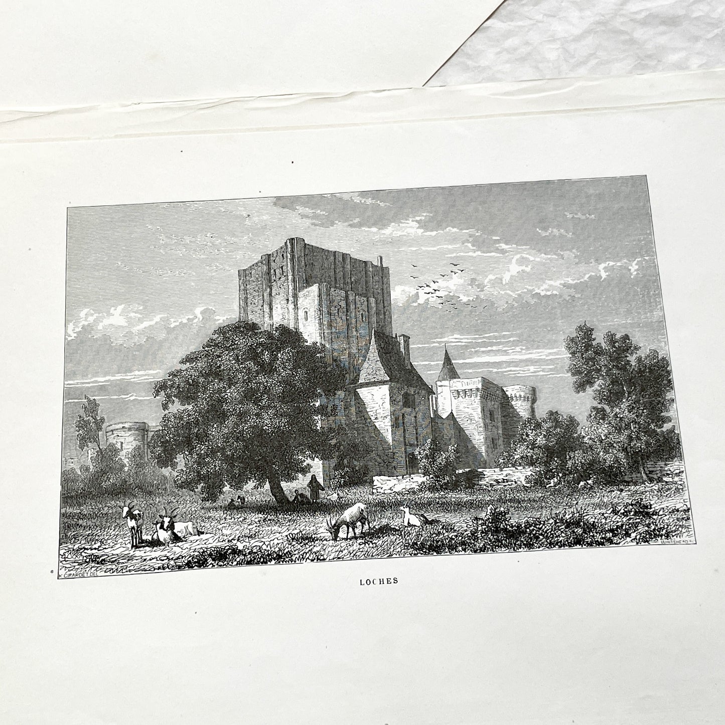Late 19th - Historic Engraving of Loches Castle with Pastoral Scene - French Loire Valley Château Art - K. Girardet