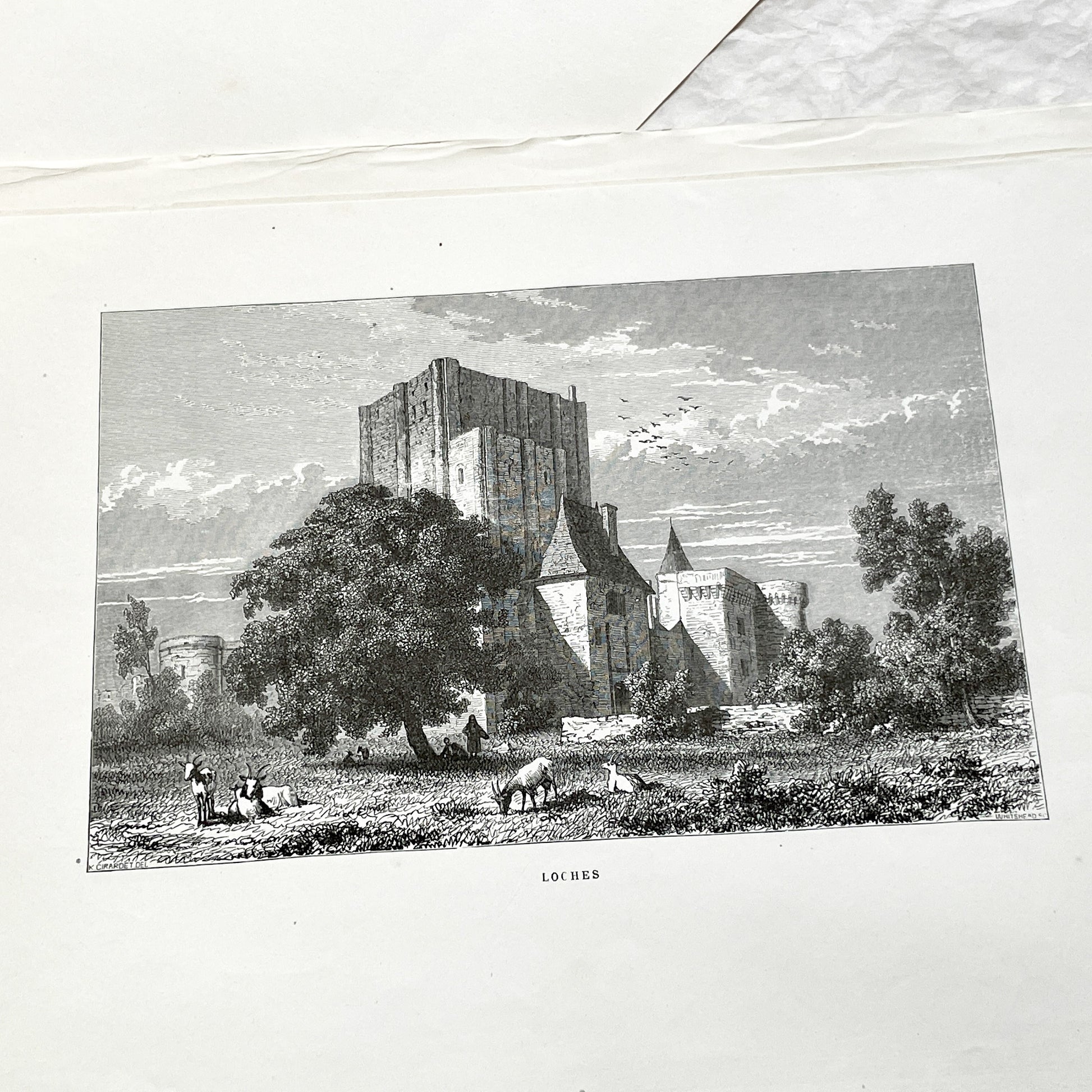 Late 19th - Historic Engraving of Loches Castle with Pastoral Scene - French Loire Valley Château Art - K. Girardet