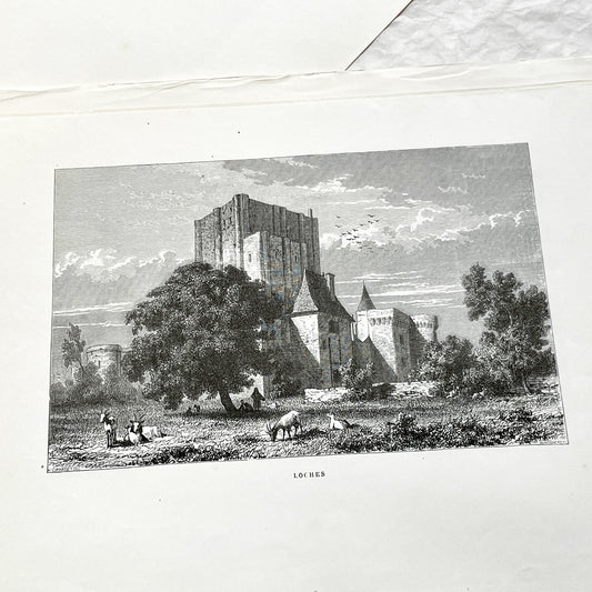 Late 19th - Historic Engraving of Loches Castle with Pastoral Scene - French Loire Valley Château Art - K. Girardet