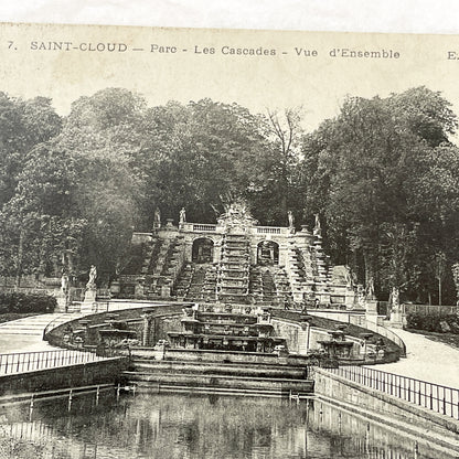 1900s - Vintage Saint-Cloud Parc Les Cascades Postcard - Historic French Fountain Landscape View - Original Black & White Paris Area
