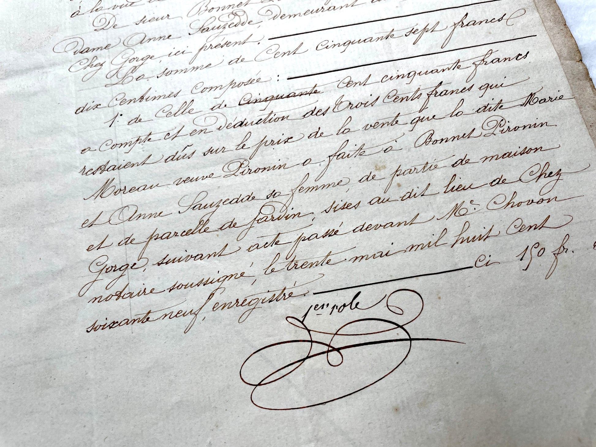 1870s French Notarial Act document with ornate handwritten script, Imperial stamp, and embossed seal.