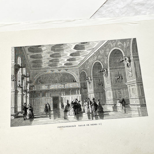 Late 19th - Detailed Engraving of Fontainebleau Salle de Henri II Grand Hall - Historic French Palace Interior View Art Print