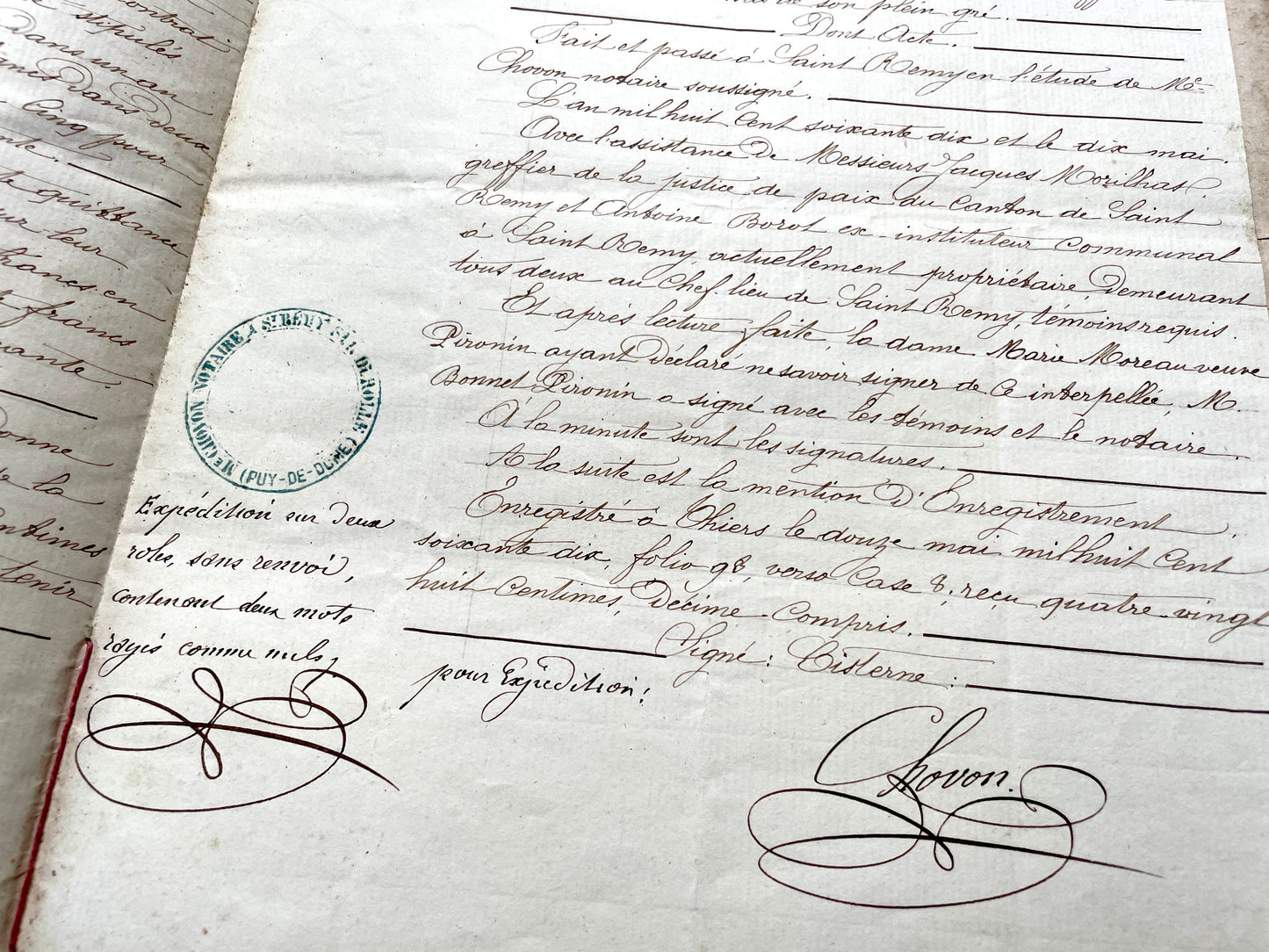 1870s French Notarial Act document with ornate handwritten script, Imperial stamp, and embossed seal.