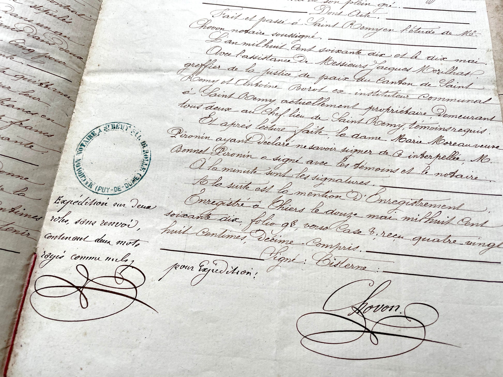 1870s French Notarial Act document with ornate handwritten script, Imperial stamp, and embossed seal.