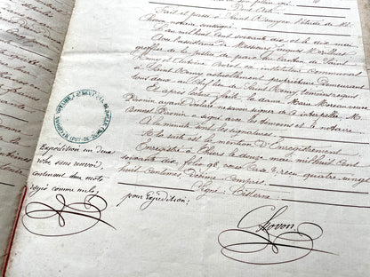 1870s French Notarial Act document with ornate handwritten script, Imperial stamp, and embossed seal.