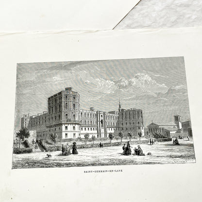 Late 19th - Saint-Germain-en-Laye Castle Engraving - Detailed Historic French Royal Residence - Landmark, Park Scene with Figures