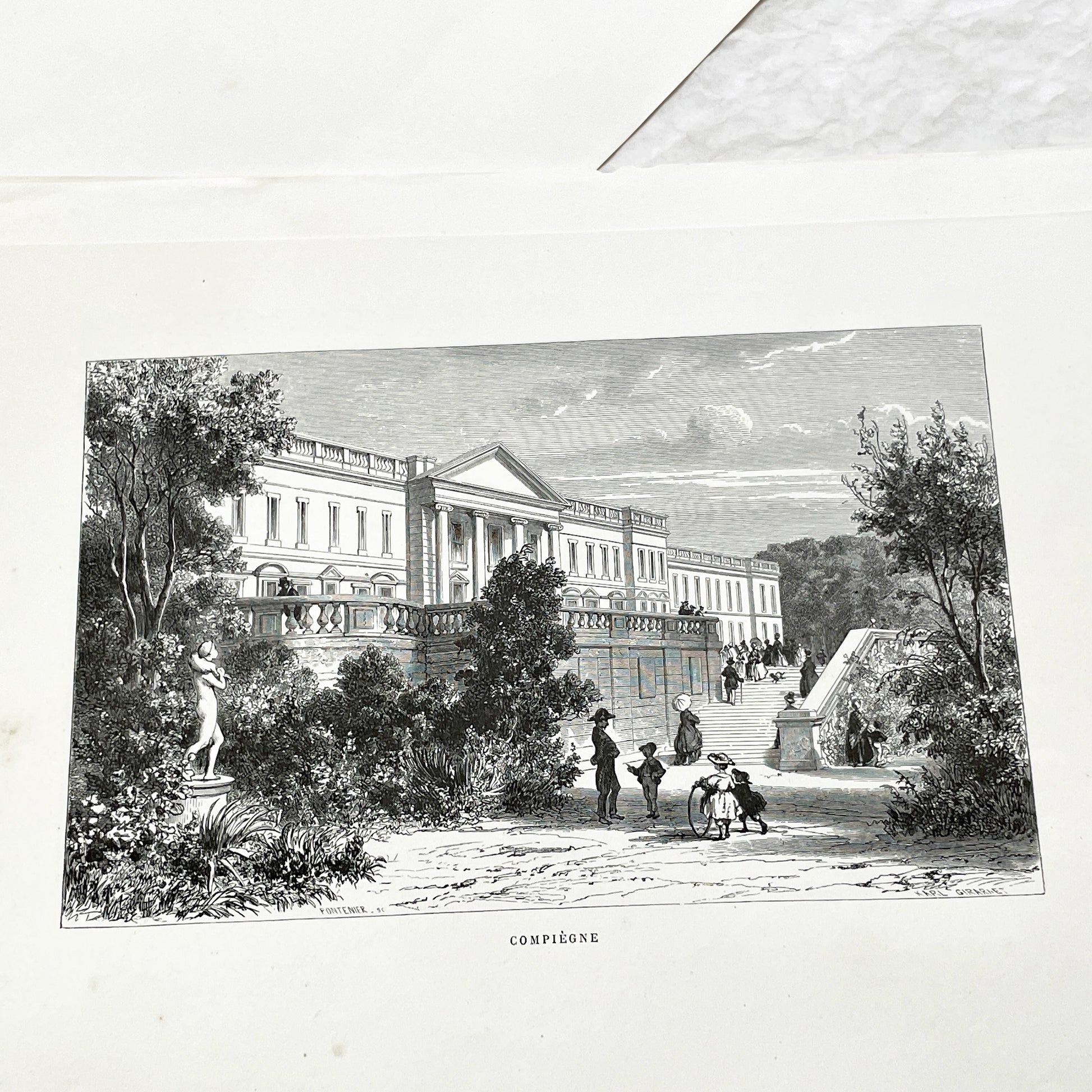 Late 19th - Compiègne Château Engraving - French Palace Grand Staircase - Park Life - Historic Architectural Print - Art by Girardet