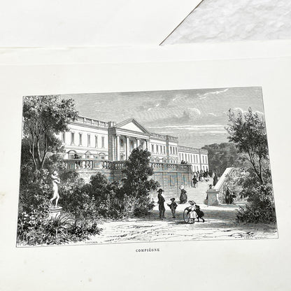 Late 19th - Compiègne Château Engraving - French Palace Grand Staircase - Park Life - Historic Architectural Print - Art by Girardet