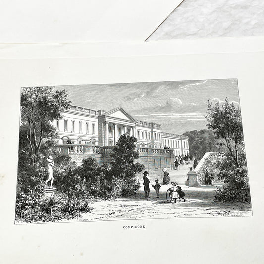 Late 19th - Compiègne Château Engraving - French Palace Grand Staircase - Park Life - Historic Architectural Print - Art by Girardet