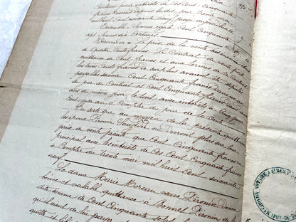 1870s French Notarial Act document with ornate handwritten script, Imperial stamp, and embossed seal.