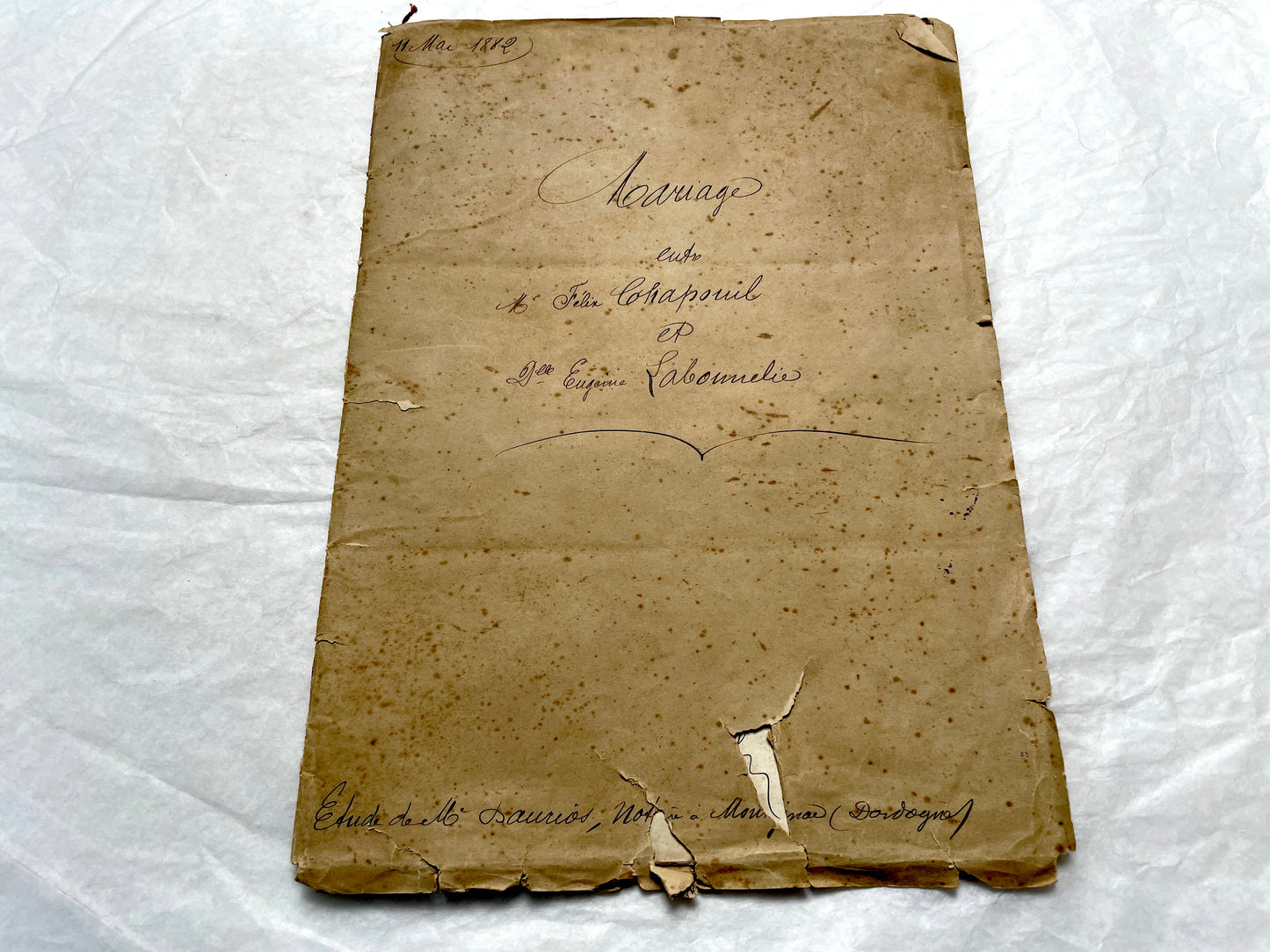 Late 19th Century French notarial marriage contract document from 1882, featuring ornate handwritten script and an official s